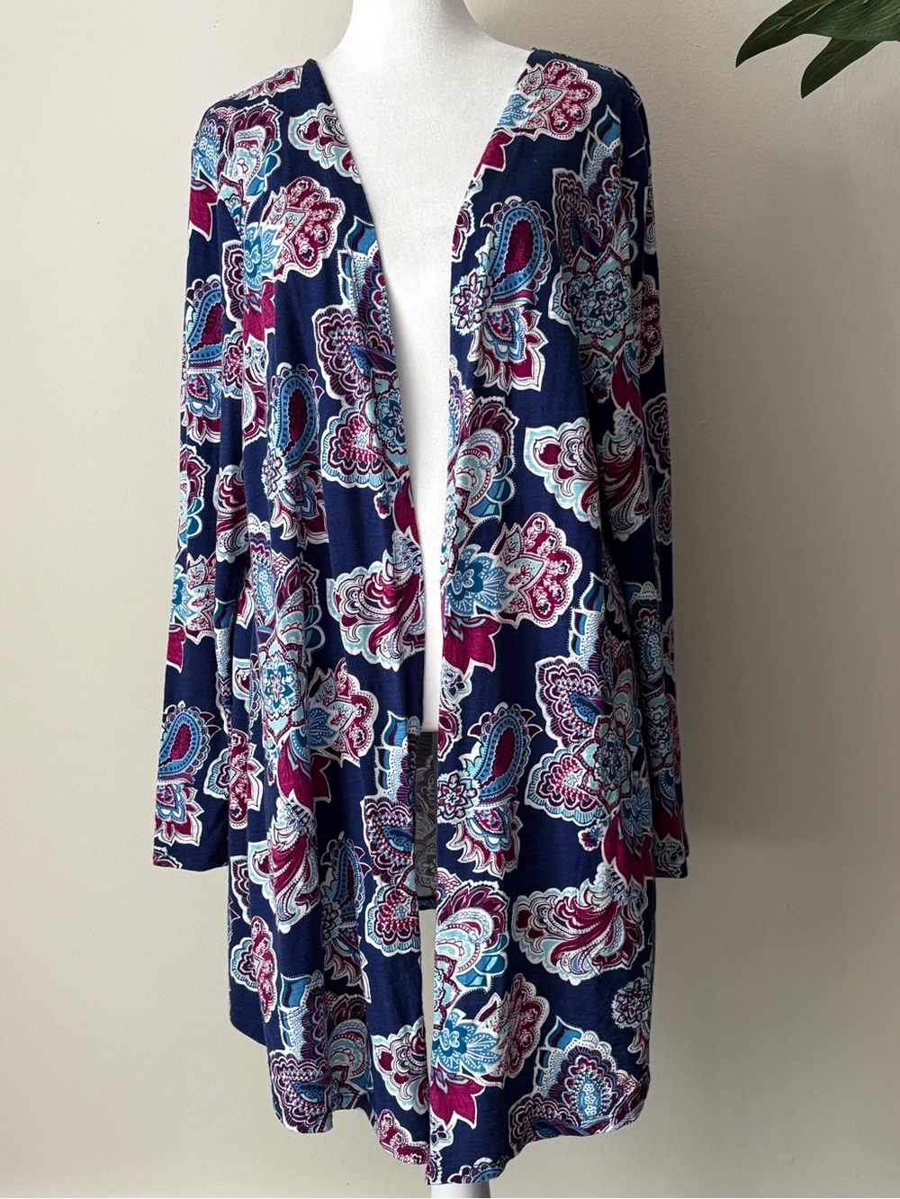 Chico's Navy Floral Paisley Open Cardigan with Pink and Teal Accents